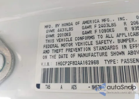 2010 Honda Accord 2.4 Ex-L from USA, damaged, VIN 1HGCP2F82AA162968